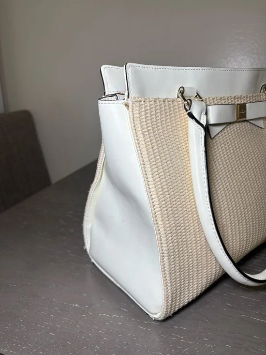 Kate Spade New York Ivory Beige Woven Bow Satchel Bag Gold Hardware - Picture 9 of 11